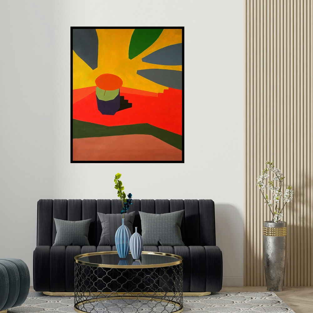 'Varanasi 4 (Blooming Sunlight)' painting by Prasanta Acharjee shown on a wall in a furnished room.