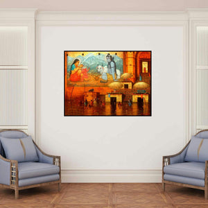 'Varanasi 4' painting by Paramesh Paul shown on a wall in a furnished room.