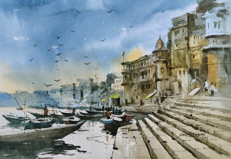 'Varanasi 5' religious watercolor painting by artist Sandeep Yadav, 12x16 inch, on paper