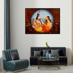 Paramesh Paul's 'Varanasi 7 (The Holy Family)' painting visualized above a sofa in a contemporary room.