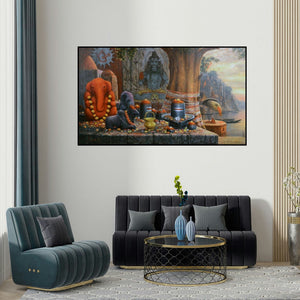 Paramesh Paul's 'Varanasi 8 (Shiva Shrine)' painting visualized above a sofa in a contemporary room.