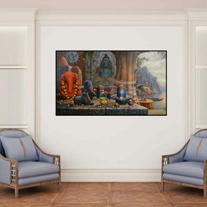 'Varanasi 8 (Shiva Shrine)' painting by Paramesh Paul shown on a wall in a furnished room.