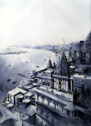 Varanasi (Dawn at the Ganges) by Sanjay Dhawale, Original Watercolor Cityscape Painting on Handmade Paper, Medium Vertical Wall Art