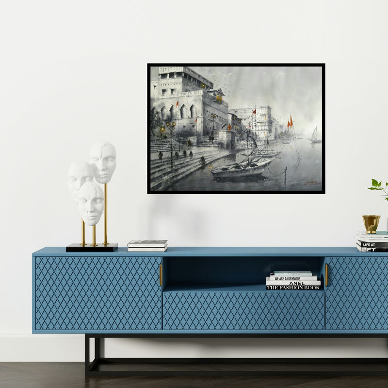 Preview of 'Varanasi' Painting by Atul Gendle shown on a wall in a furnished room.