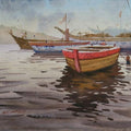 Seascape watercolor painting titled 'Varanasi Boats', 15x22 inches, by artist Abhijit Jadhav on Paper