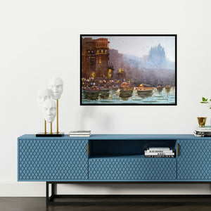 Preview of 'Varanasi Ghat' Painting by Nanasaheb Yeole shown on a wall in a furnished room.