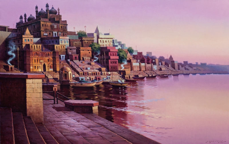 'Varanasi Ghat 1' religious acrylic painting by artist Siddharth Gavade, 34x54 inch, on canvas