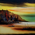 Varanasi Ghat 15' religious acrylic painting by artist Soumen Saha, 30x30 inch, on canvas