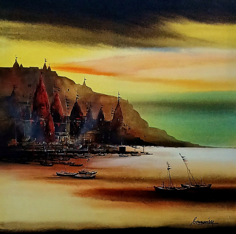 Varanasi Ghat 15' religious acrylic painting by artist Soumen Saha, 30x30 inch, on canvas