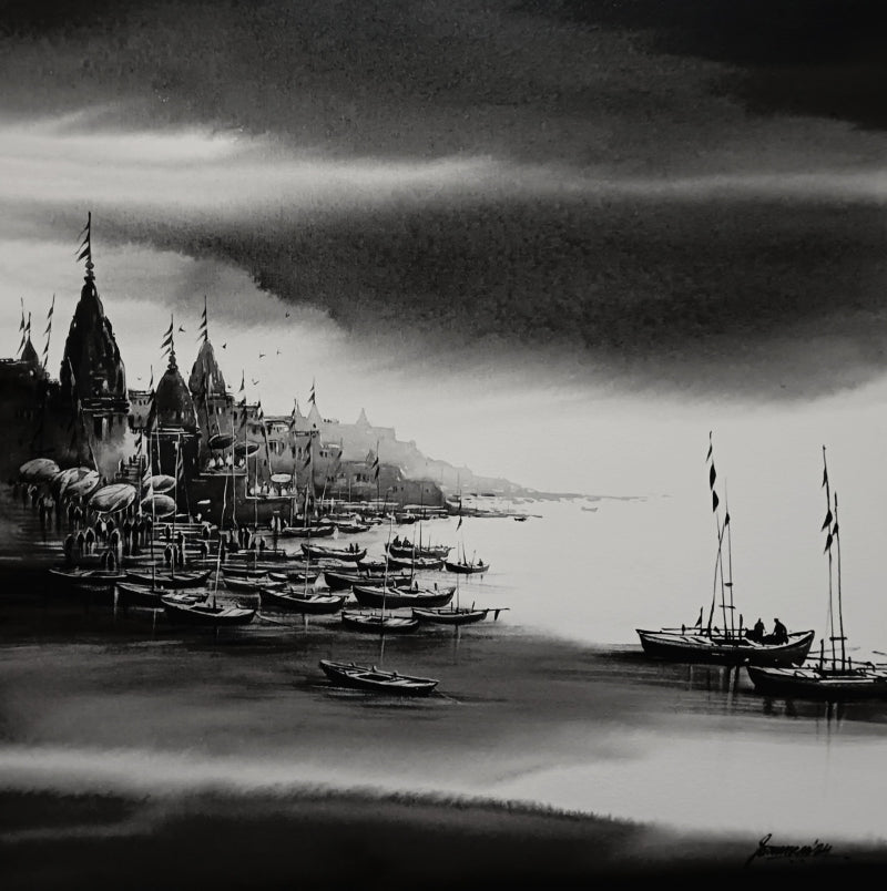 Varanasi Ghat 16' religious acrylic painting by artist Soumen Saha, 30x30 inch, on canvas