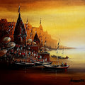 Religious acrylic painting titled 'Varanasi Ghat 2', 16x16 inch, by artist Soumen Saha on Canvas