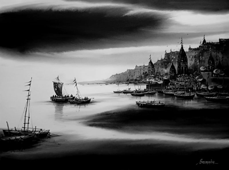 Varanasi Ghat 2' religious acrylic painting by artist Soumen Saha, 36x42 inch, on canvas