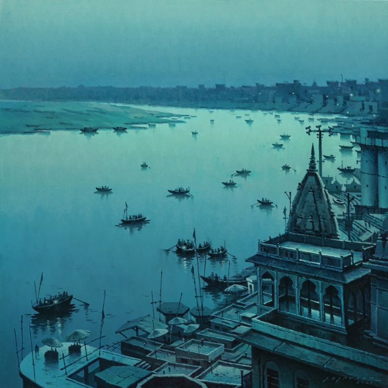 'Varanasi Ghat 2' religious acrylic painting by artist Siddharth Gavade, 30x30 inch, on canvas