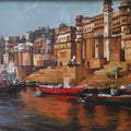 Varanasi Ghat 2' religious oil painting by artist Prasad Thite, 24x48 inch, on canvas