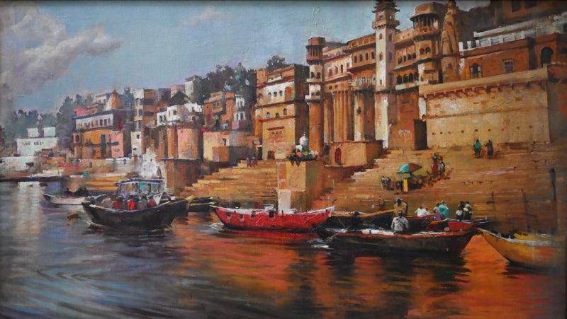 Varanasi Ghat 2' religious oil painting by artist Prasad Thite, 24x48 inch, on canvas