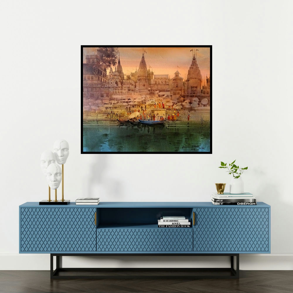 Bhuwan Silhare's 'Varanasi Ghat 36' painting visualized above a sofa in a contemporary room.