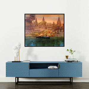 Bhuwan Silhare's 'Varanasi Ghat 36' painting visualized above a sofa in a contemporary room.
