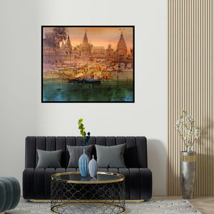 'Varanasi Ghat 36' painting by Bhuwan Silhare shown on a wall in a furnished room.