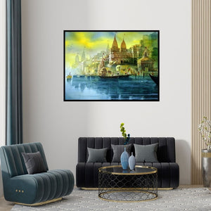 Preview of 'Varanasi Ghat 37' Painting by Bhuwan Silhare shown on a wall in a furnished room.