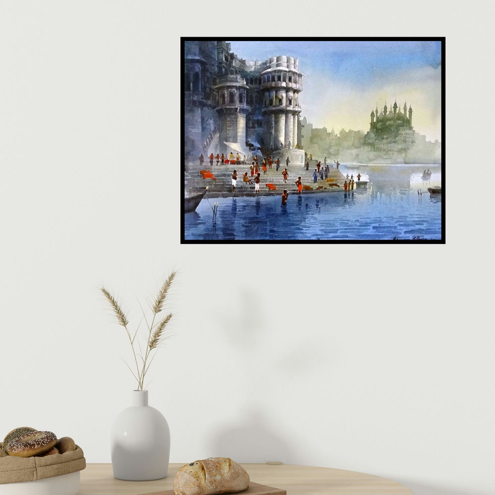 Bhuwan Silhare's 'Varanasi Ghat 38' painting visualized above a sofa in a contemporary room.