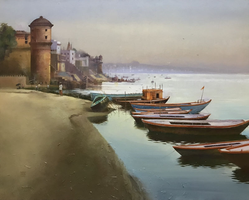 Varanasi Ghat' religious acrylic painting by artist Rupesh Sonar, 24x30 inch, on canvas