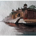 Cityscape watercolor painting titled 'Varanasi Ghat', 7x11 inches, by artist Arunava Ray on Paper
