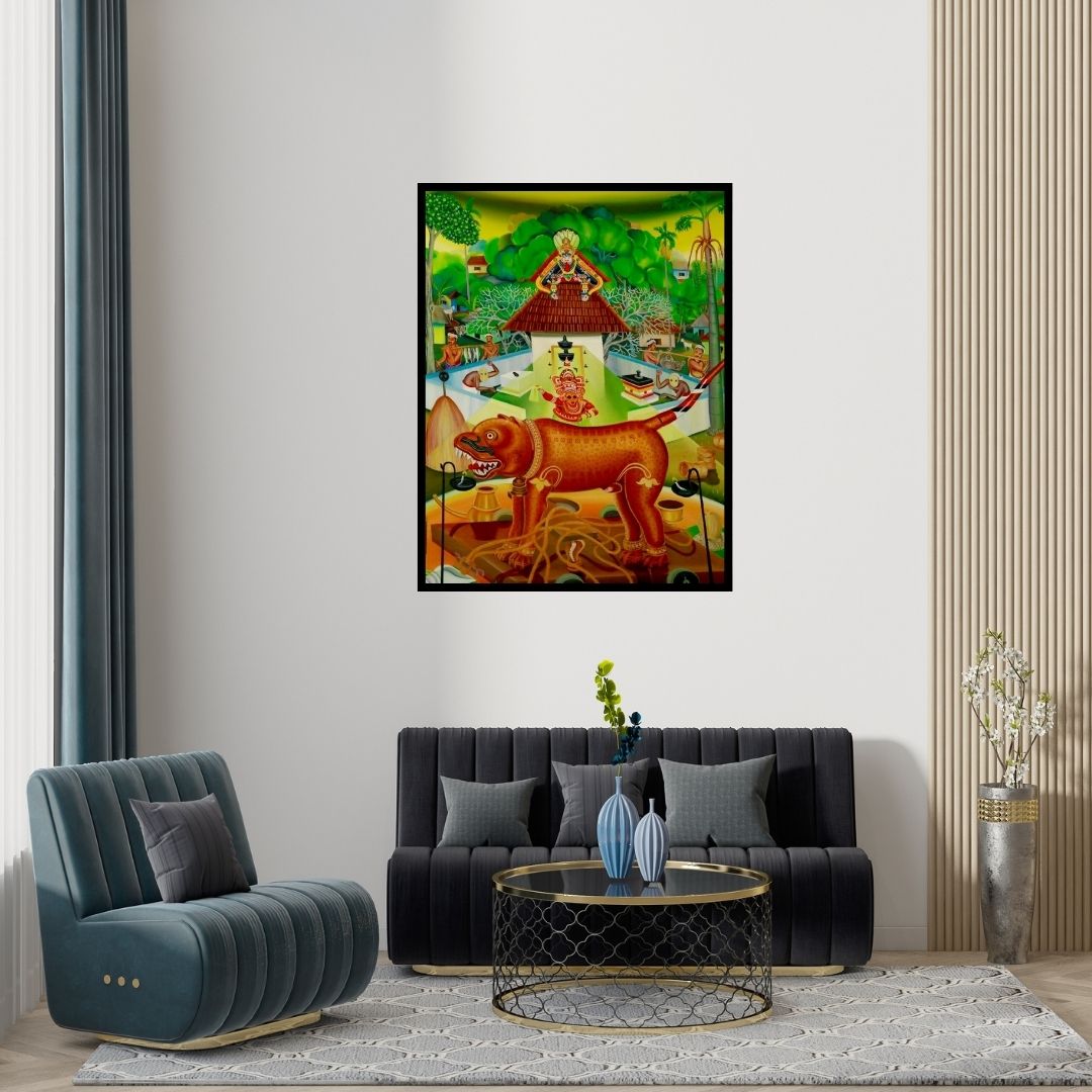 Preview of 'Varanasi Ghat Ix' Painting by Bhuwan Silhare shown on a wall in a furnished room.