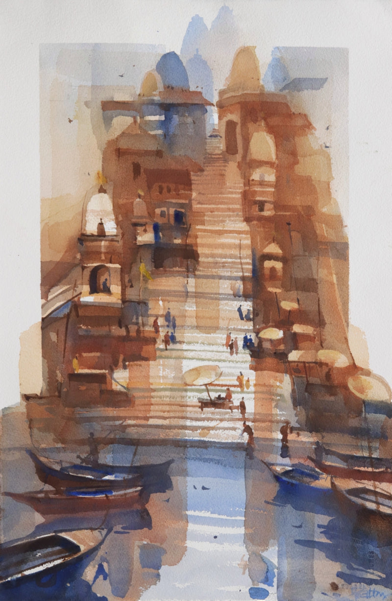 Varanasi Vignettes 3' religious watercolor painting by artist Prashant Prabhu, 22x15 inch, on paper