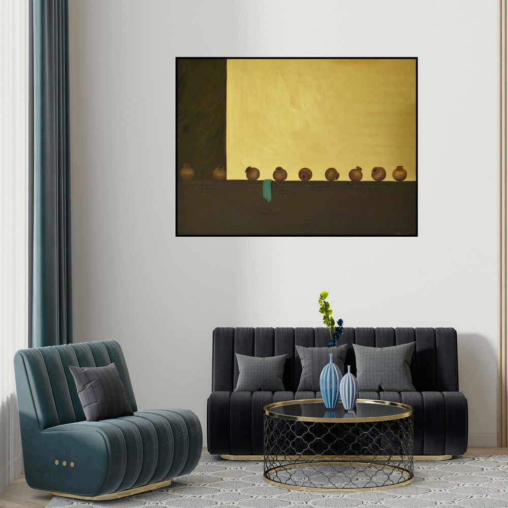 'Variance (Wall of Memories)' painting by Durshit Bhaskar shown on a wall in a furnished room.