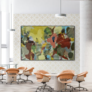 Preview of 'Varnadhyama (Unfolding Landscape)' Painting by Mohd Majeed Mansoori shown on a wall in a furnished room.