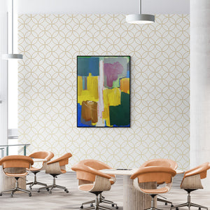 Mohd Majeed Mansoori's painting 'Varnadhyatma 010 (Harmonious Dissonance)' displayed in a modern living room setting
