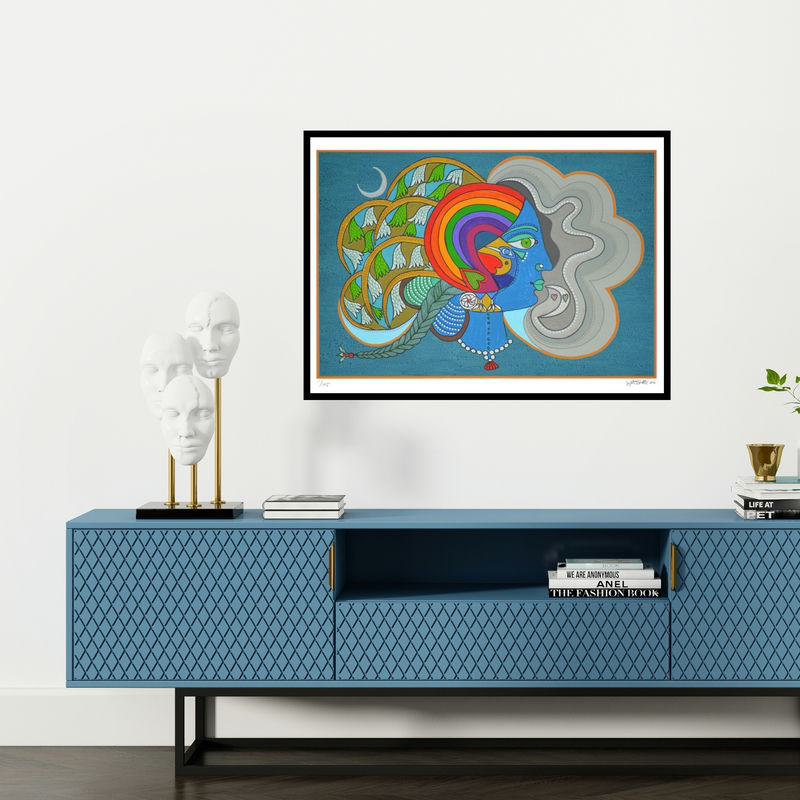 Preview of 'Varsha Ritu (Stylized Face)' Painting by Jyoti Bhatt shown on a wall in a furnished room.
