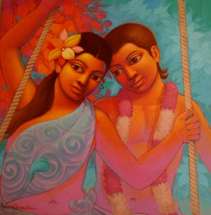 Vasant (Swing of Love) by Avinash Deshmukh, Original Acrylic Figurative Painting on Canvas, Medium Square Wall Art