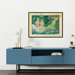 Preview of 'Vasant Ritu (Whispers of Love)' Painting by Yojana Dehankar shown on a wall in a furnished room.