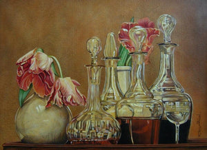 Vase And Bottles (Decanters and Tulips) by Sakthivel Ramalingam, Original Acrylic Still-Life Painting on Canvas, Medium Horizontal Wall Art