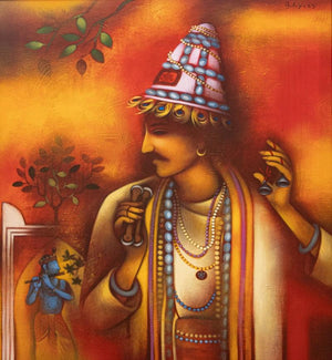 Vasudev (Devotional Rhythm) by Balaji Ubale, Original Acrylic Religious Painting on Canvas, Large Vertical Wall Art
