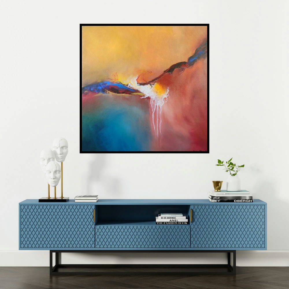 'Vasundhra (Golden Hour)' painting by Sanjay Dhawale shown on a wall in a furnished room.