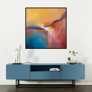 'Vasundhra (Golden Hour)' painting by Sanjay Dhawale shown on a wall in a furnished room.