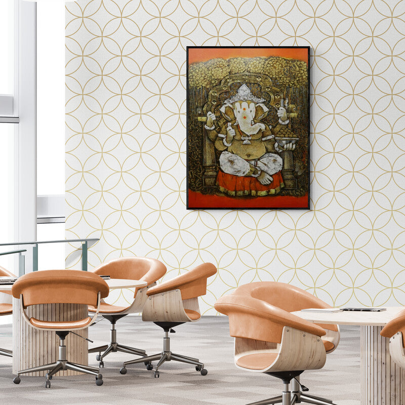 Preview of 'Vat Ganesha (Ganesha Enthroned)' Painting by Manas Jena shown on a wall in a furnished room.