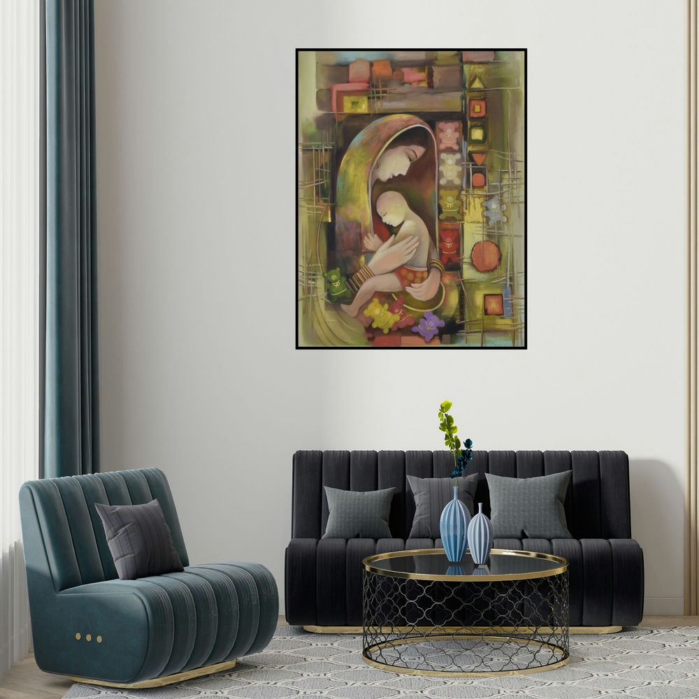 'Vatsalya (A Bond Unbreakable)' painting by Durshit Bhaskar shown on a wall in a furnished room.