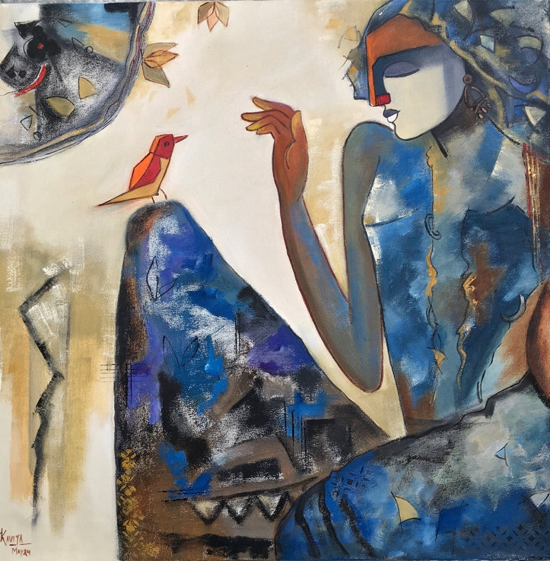 Vayasya' figurative oil painting by artist Kavita Tambolkar, 24x24 inch, on canvas