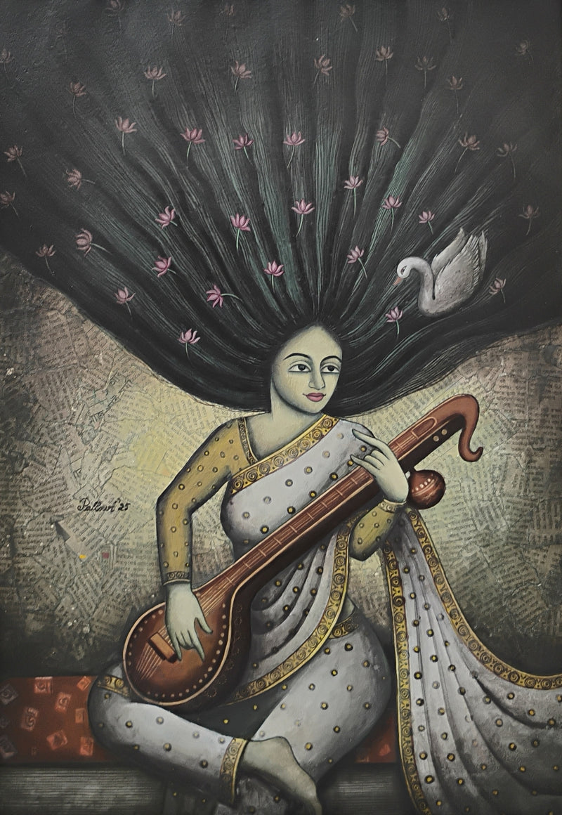 'Vedika' figurative mixed-media painting by artist Pallavi Dutta, 20x14 inch, on paper