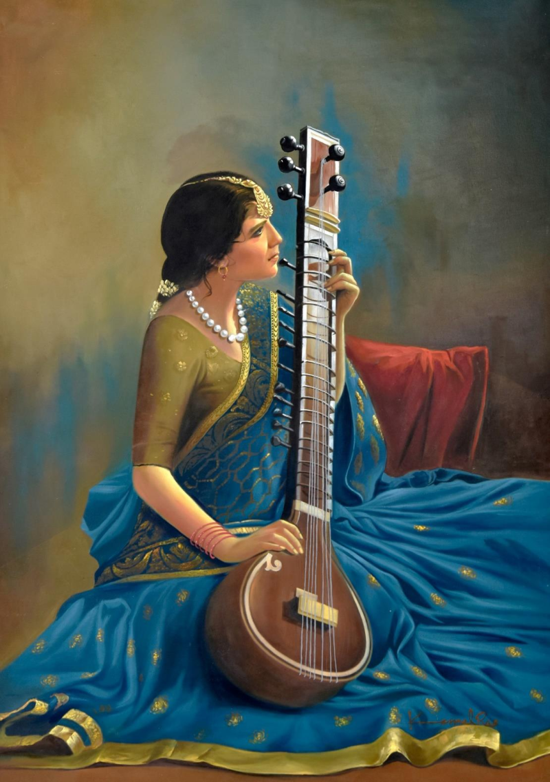 Veena Reverie' religious oil painting by artist Kamal Rao, 49x32 inch, on canvas
