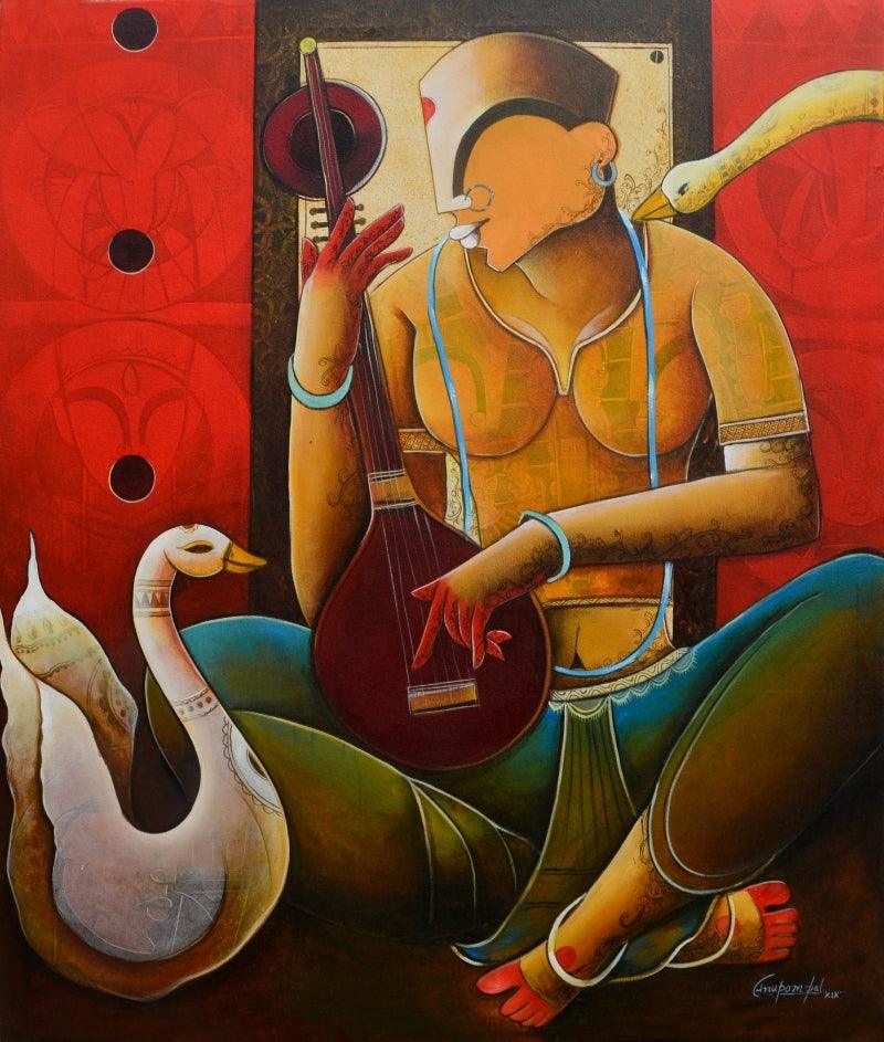 contemporary acrylic painting titled 'Veenavani:', 42x36 inches, by artist Anupam Pal on Canvas