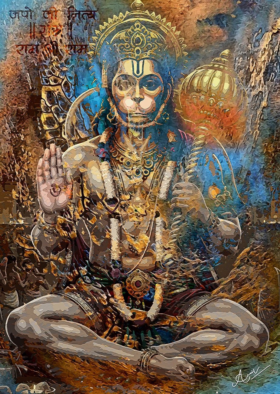 Veer Anianeya' religious mixed-media painting by artist Anil Kumar, 45x32 inch, on canvas