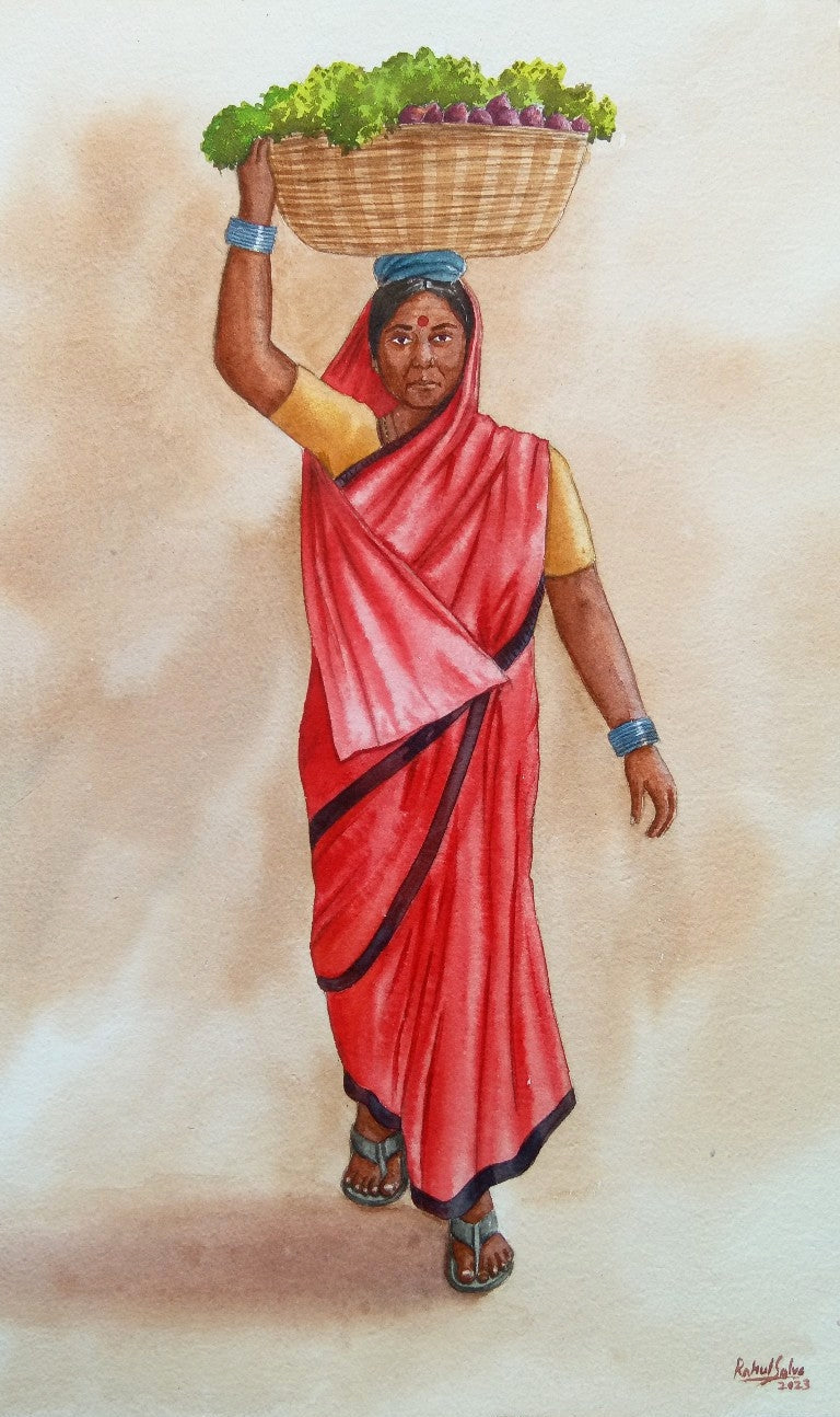 Vegetable Seller' figurative watercolor painting by artist Rahul Salve, 16x10 inch, on paper