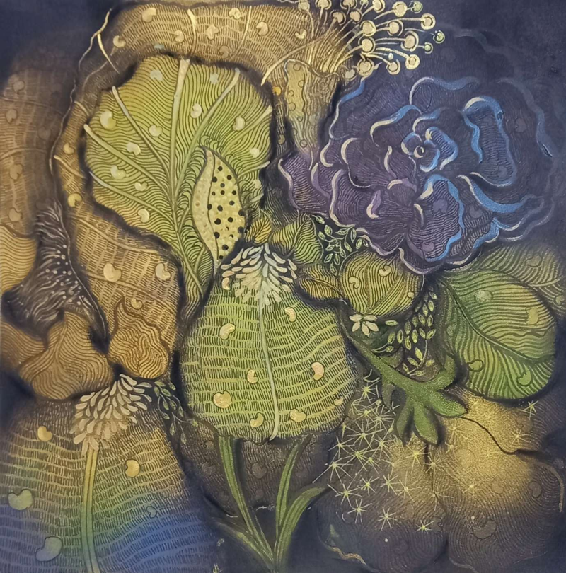 Veiled Beauty' nature mixed-media painting by artist Yogesh Powale, 10x10 inch, on paper