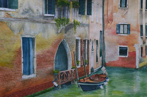 Venetian Hues Iii (Venetian Canal with Boat) by Niharika Gupta, Original Watercolor Landscape Painting on Paper, Small Horizontal Wall Art