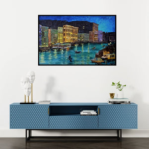 Preview of 'Venice 1 (Nocturne of Venice: A Grand Canal Dream)' Painting by Shikha Poddar shown on a wall in a furnished room.