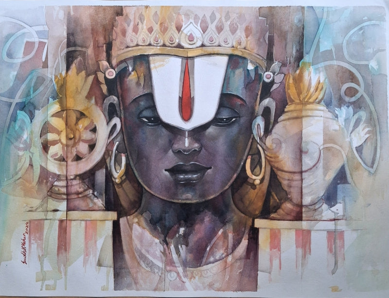 'Venkateswara' religious mixed-media painting by artist Sudhir Meher, 22x30 inch, on paper